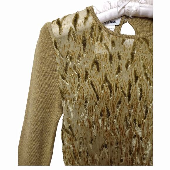 VALENTINO Mustard Green Sweater Long Sleeve Velvet Burnout Mesh Designer Top - Picture 3 of 12